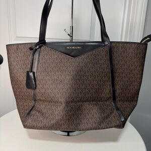 Michael Kors Jet Set Travel Tote Brown MK Signature Canvas Black Trim
